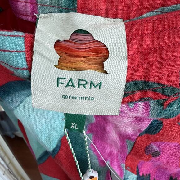 Farm Rio Dress XL Red Floral 100% Linen Tropical Summer Foliage Mini Resort - Picture 6 of 13